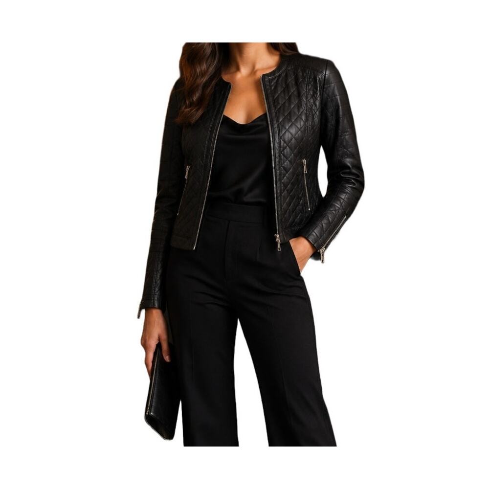 Harve Benard Quilted Black Faux Leather Moto Jacket Zip Front Size Small NWT - Picture 5 of 5
